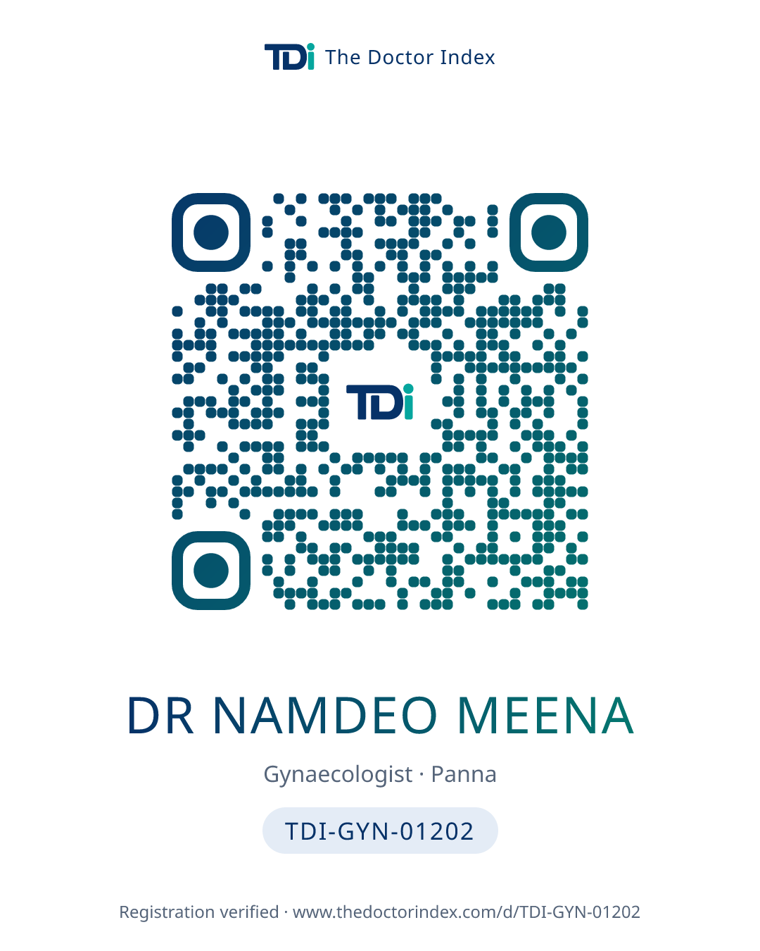 QR card for Dr Namdeo Meena, TDI-GYN-01202
