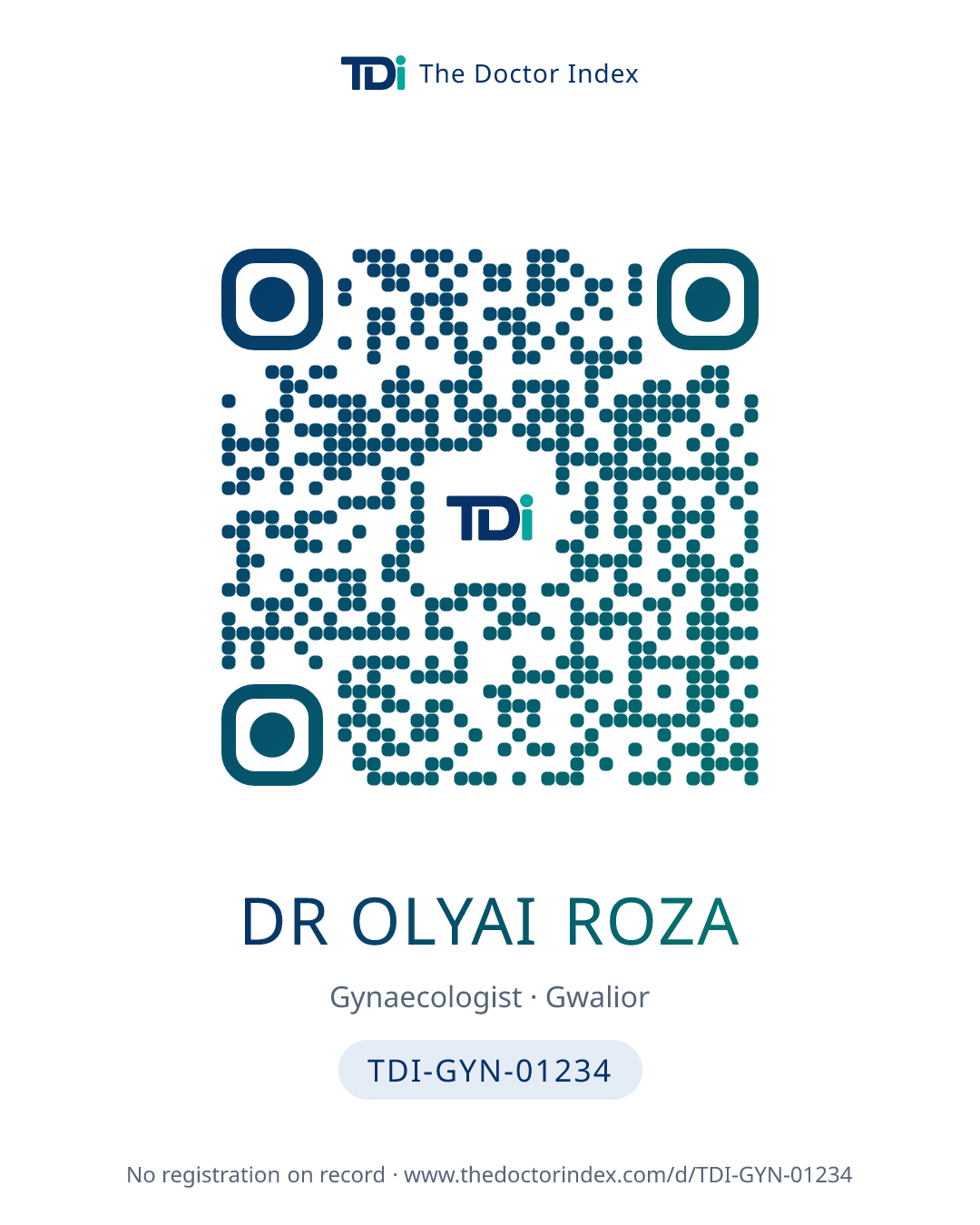 QR card for Dr Olyai Roza, TDI-GYN-01234