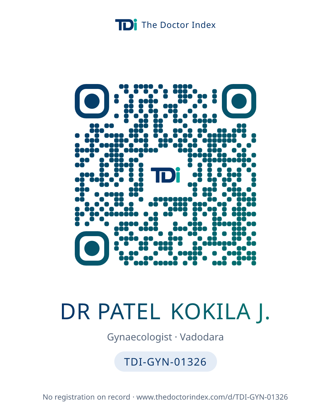 QR card for Dr Patel Kokila J., TDI-GYN-01326