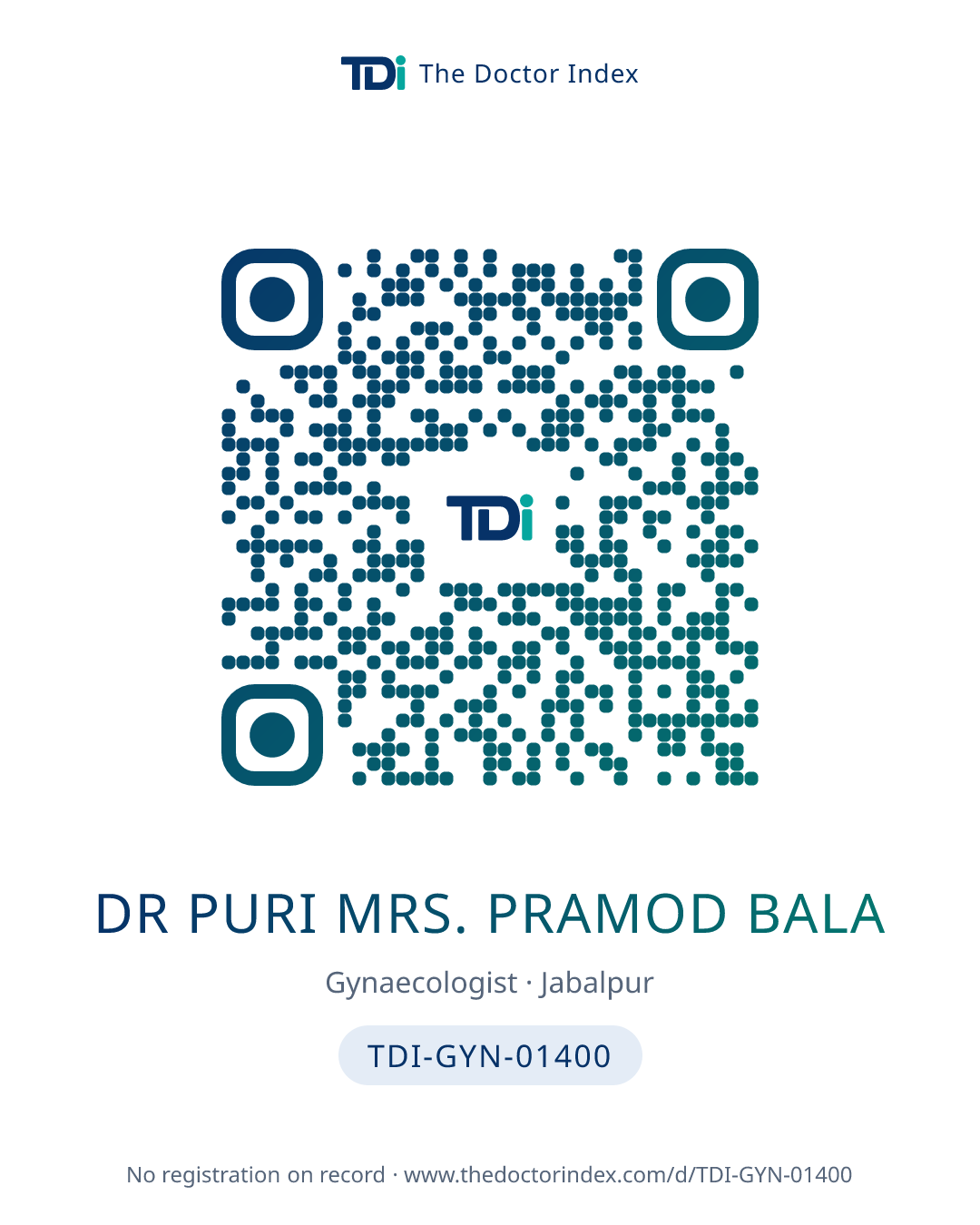QR card for Dr Puri Mrs. Pramod Bala, TDI-GYN-01400