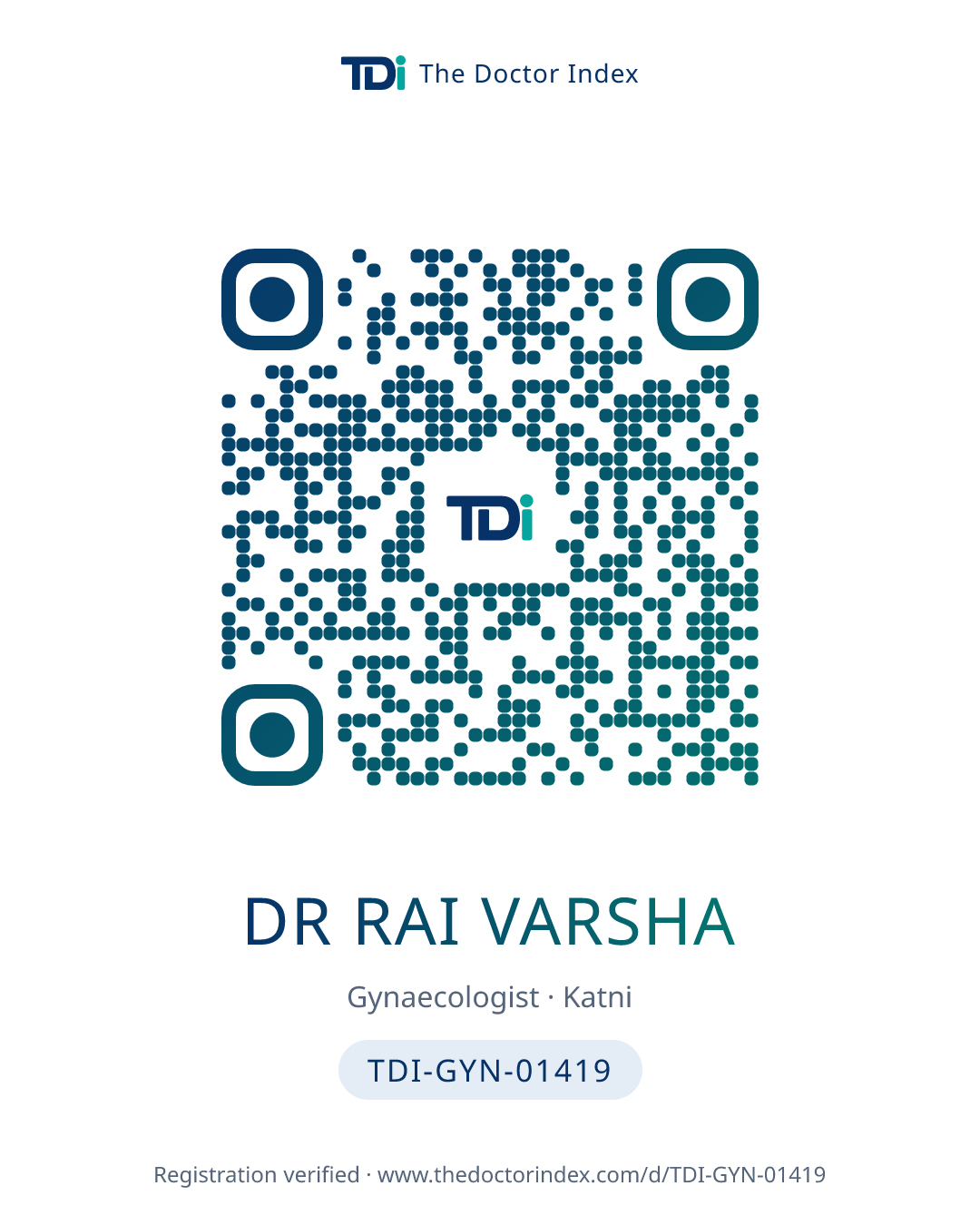 QR card for Dr Rai Varsha, TDI-GYN-01419