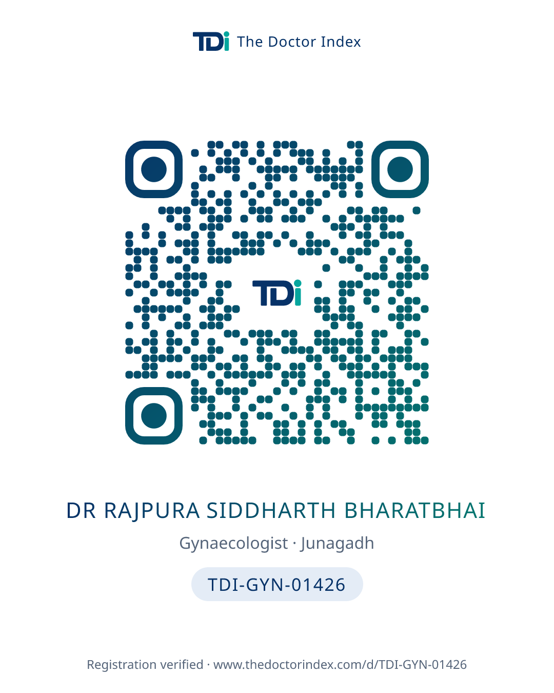 QR card for Dr Rajpura Siddharth Bharatbhai, TDI-GYN-01426