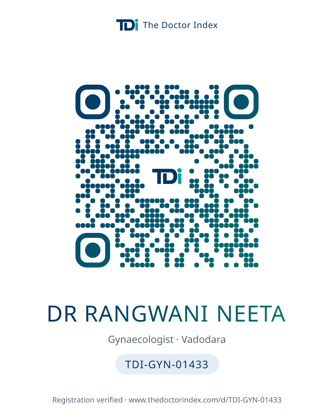 QR card for Dr Rangwani Neeta, TDI-GYN-01433