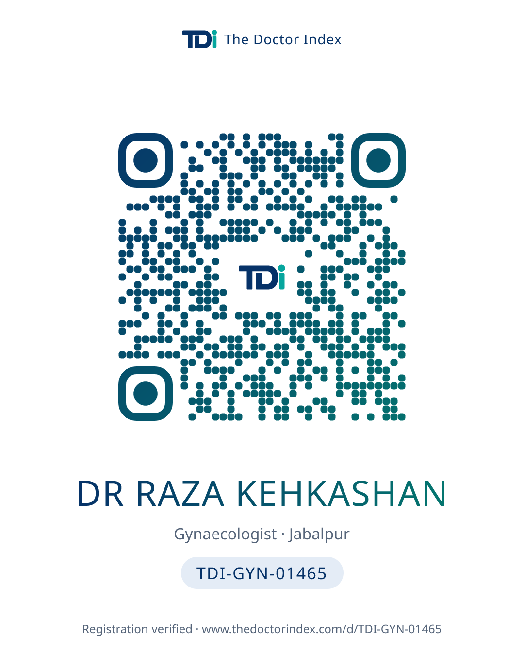 QR card for Dr Raza Kehkashan, TDI-GYN-01465