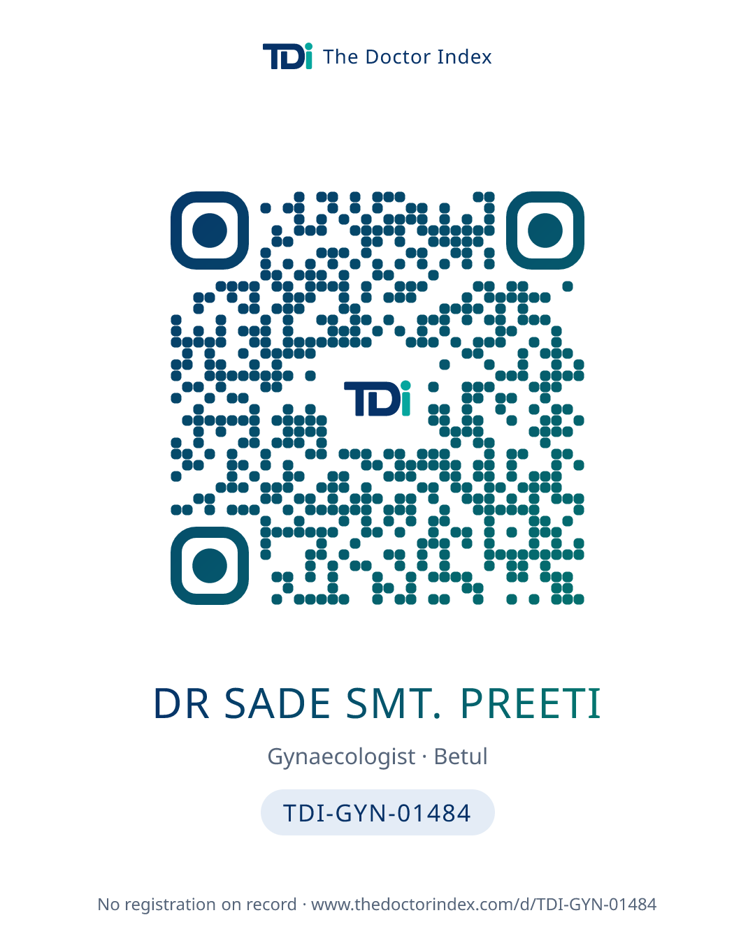 QR card for Dr Sade Smt. Preeti, TDI-GYN-01484