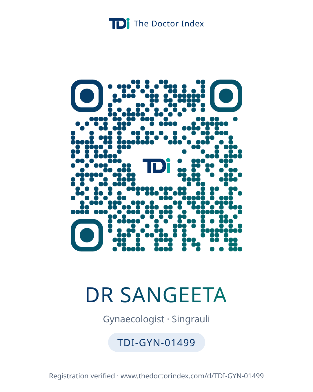 QR card for Dr Sangeeta, TDI-GYN-01499