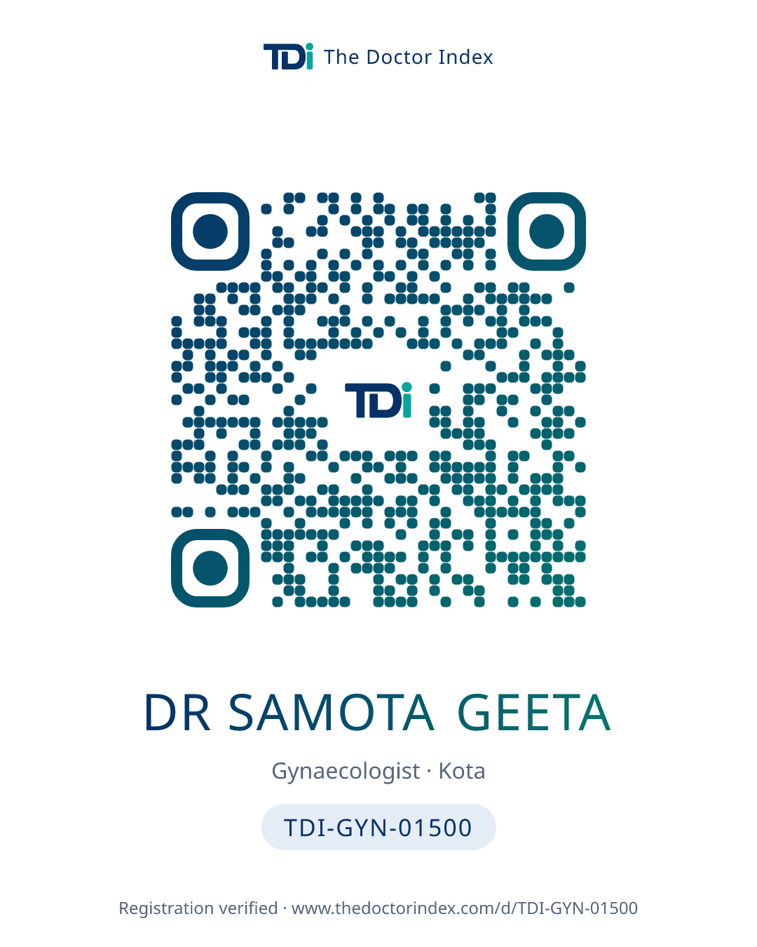 QR card for Dr Samota Geeta, TDI-GYN-01500