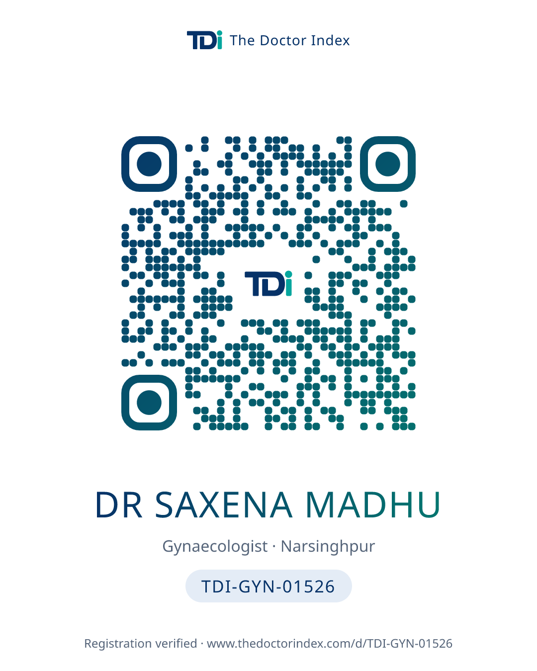 QR card for Dr Saxena Madhu, TDI-GYN-01526