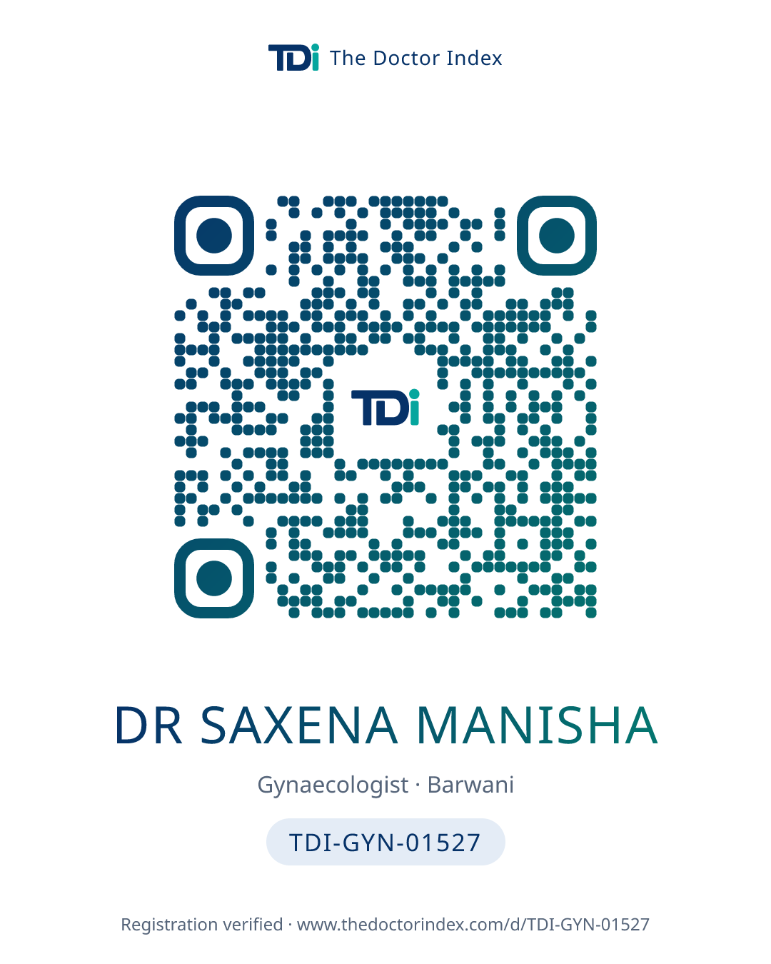 QR card for Dr Saxena Manisha, TDI-GYN-01527
