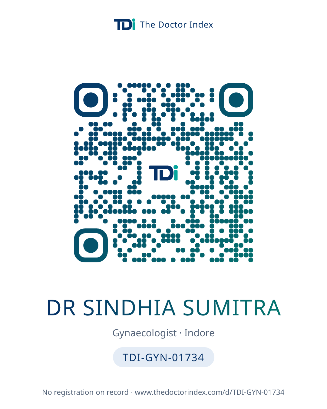 QR card for Dr Sindhia Sumitra, TDI-GYN-01734