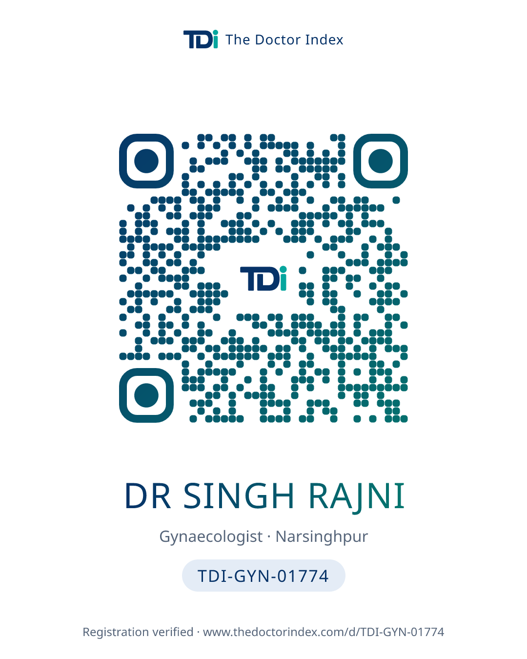 QR card for Dr Singh Rajni, TDI-GYN-01774