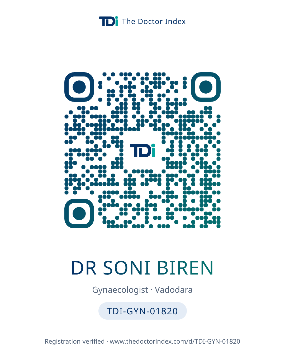 QR card for Dr Soni Biren, TDI-GYN-01820
