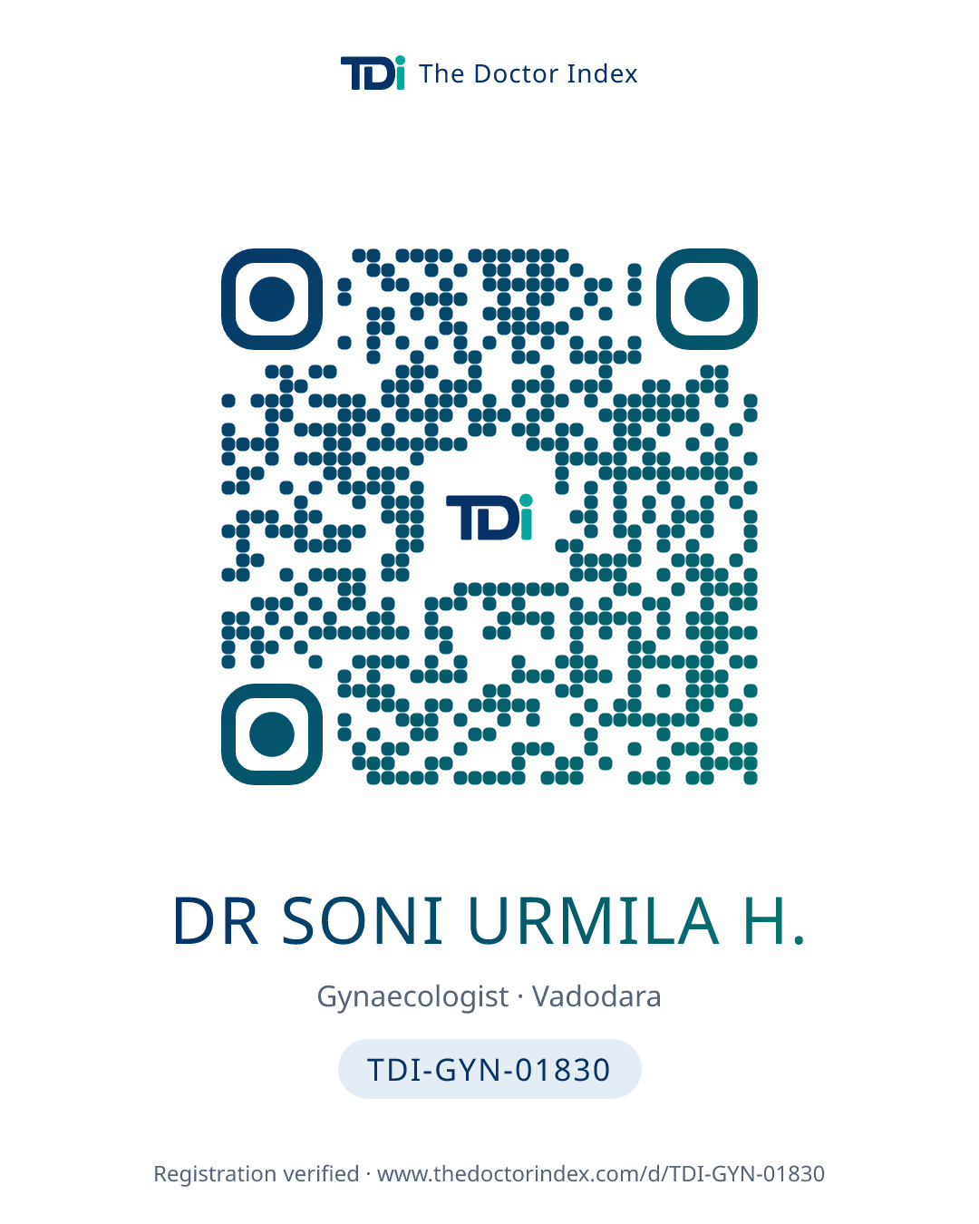 QR card for Dr Soni Urmila H., TDI-GYN-01830