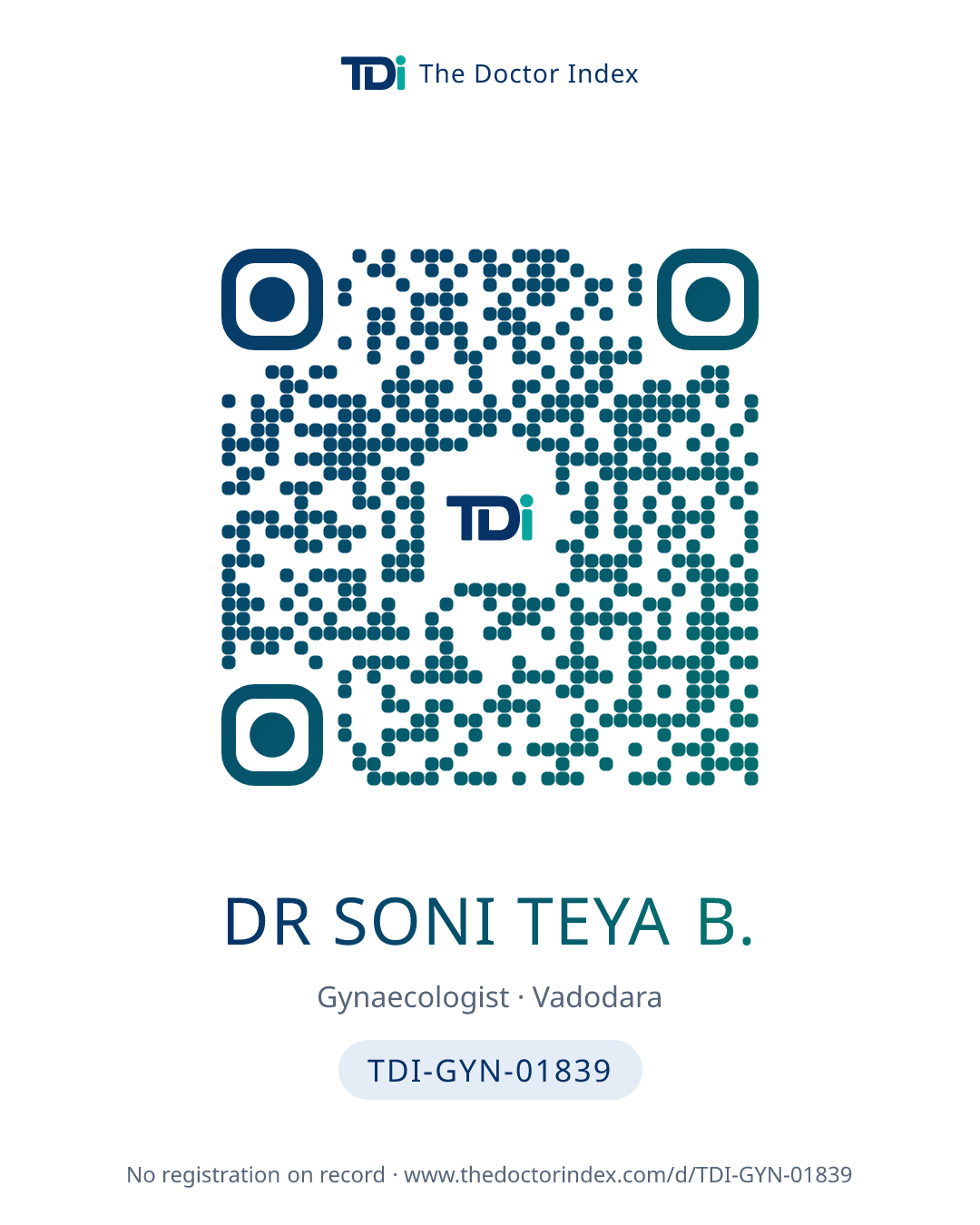 QR card for Dr Soni Teya B., TDI-GYN-01839