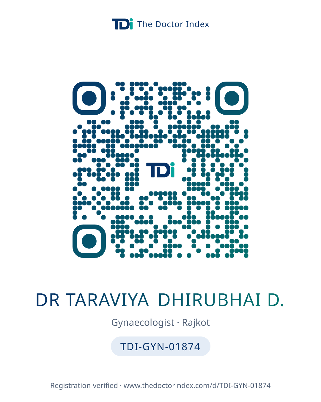 QR card for Dr Taraviya Dhirubhai D., TDI-GYN-01874