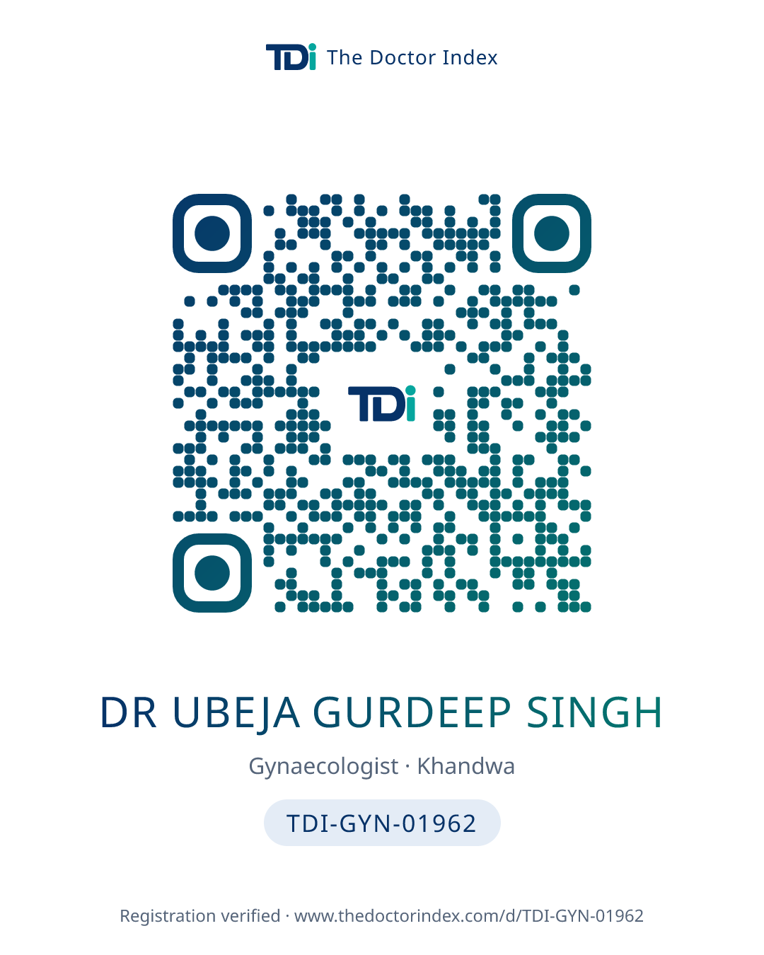 QR card for Dr Ubeja Gurdeep Singh, TDI-GYN-01962