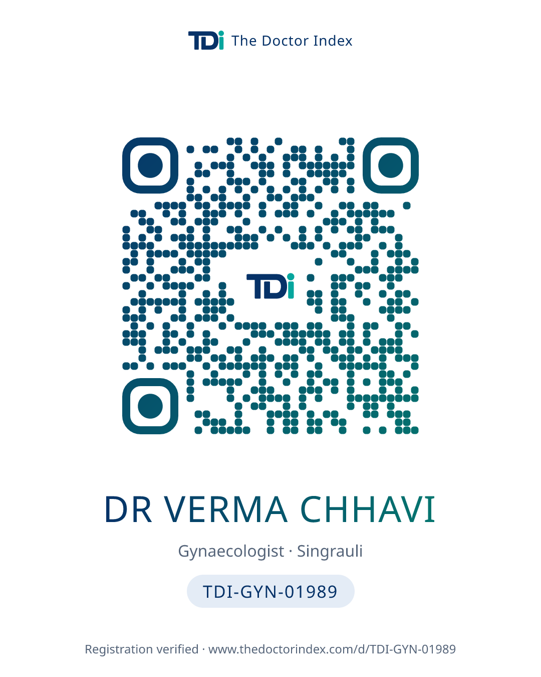 QR card for Dr Verma Chhavi, TDI-GYN-01989