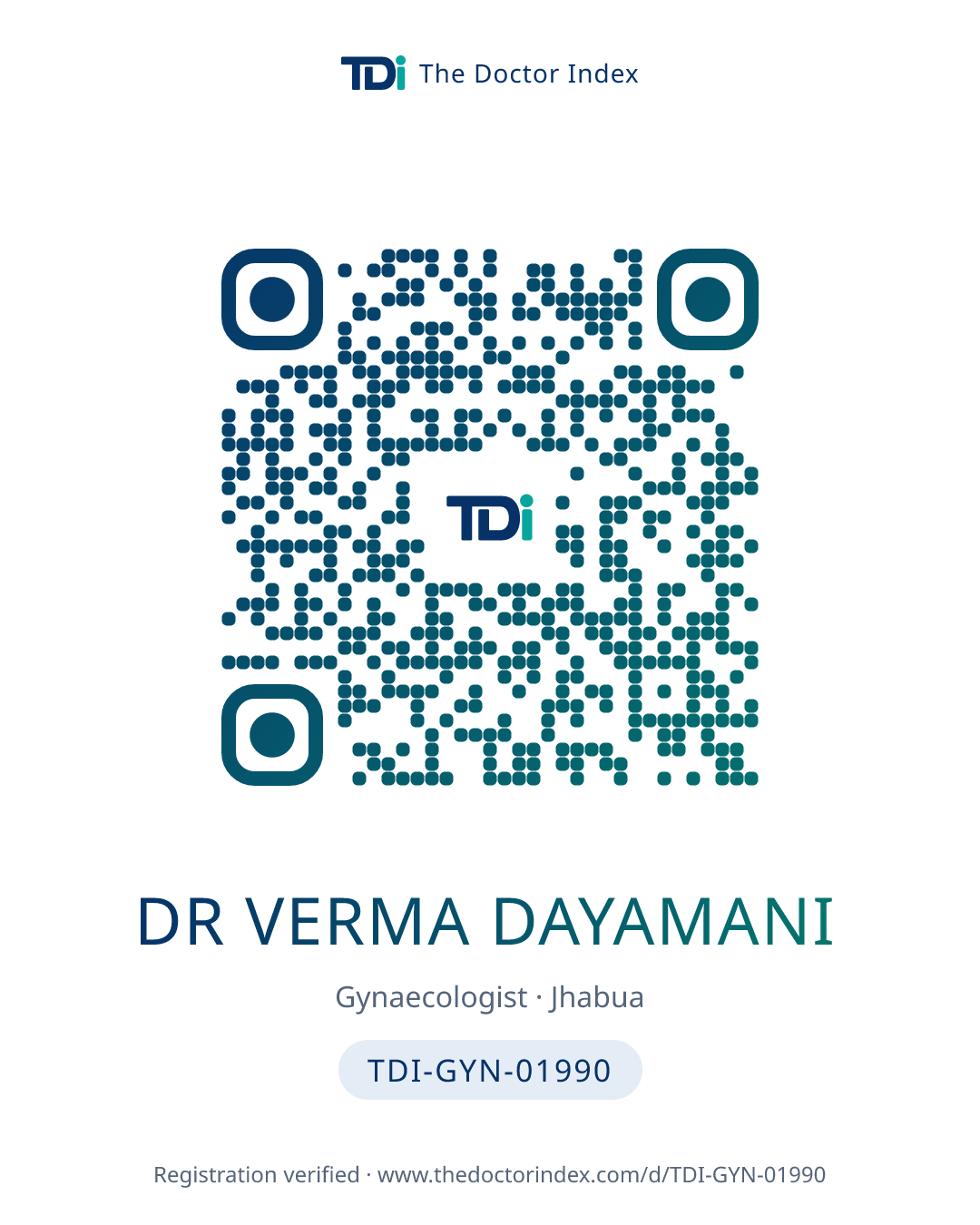 QR card for Dr Verma Dayamani, TDI-GYN-01990