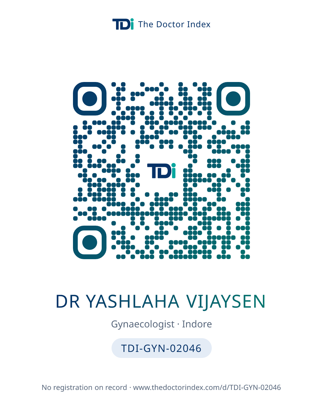 QR card for Dr Yashlaha Vijaysen, TDI-GYN-02046