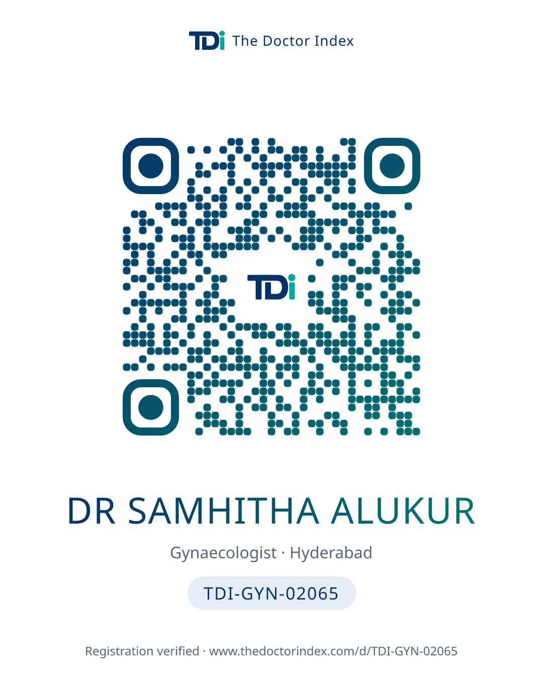 QR card for Dr Samhitha Alukur, TDI-GYN-02065