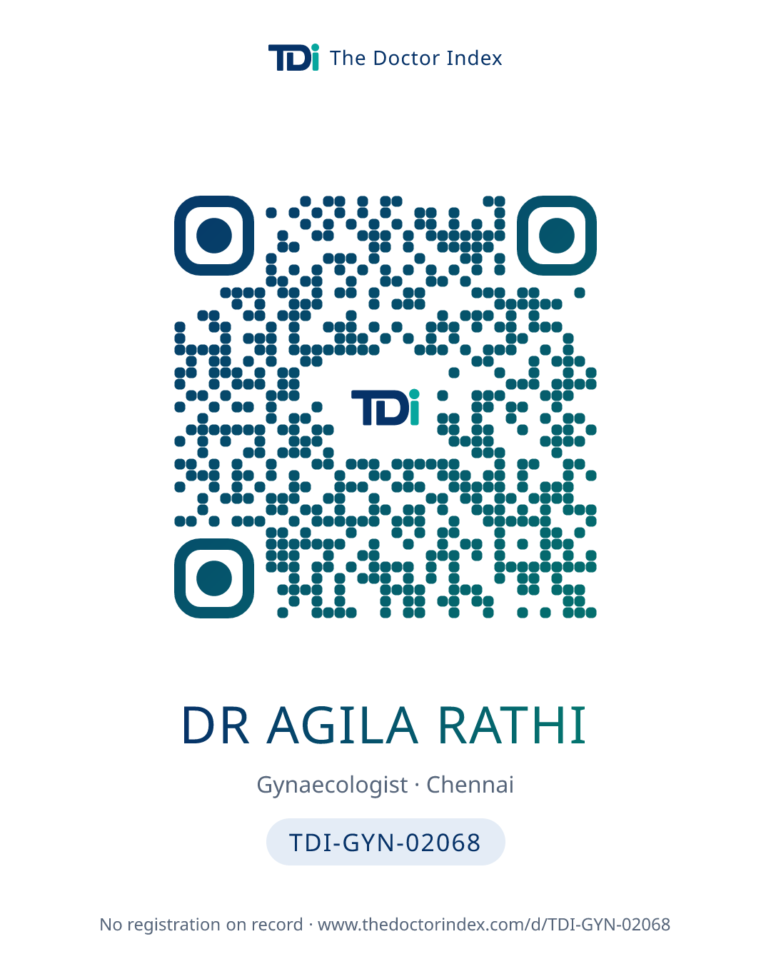 QR card for Dr Agila Rathi, TDI-GYN-02068