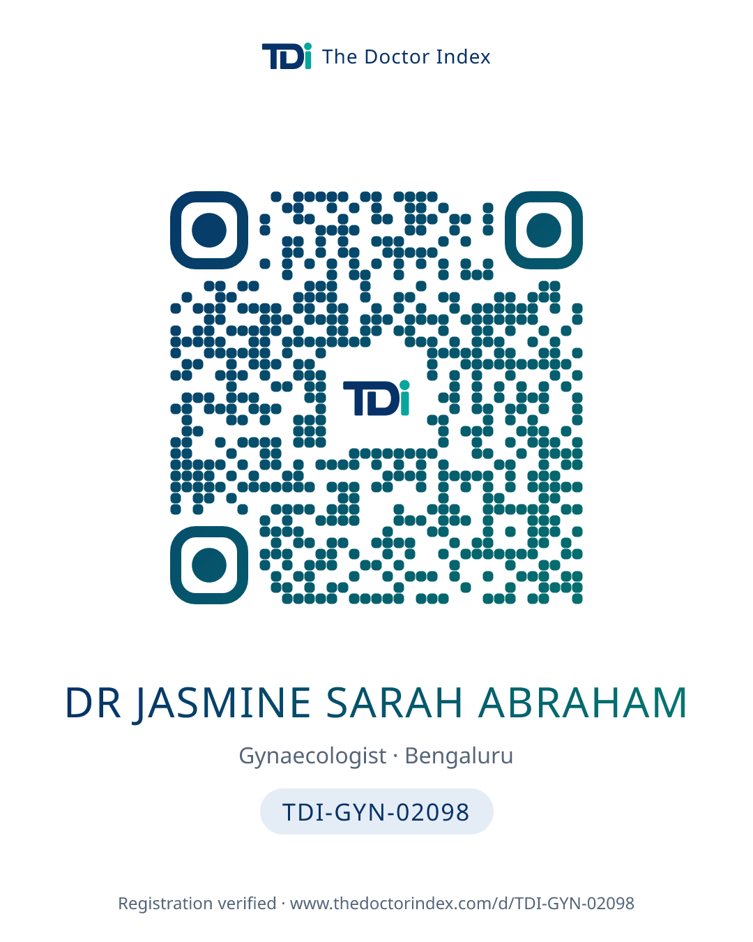 QR card for Dr Jasmine Sarah Abraham, TDI-GYN-02098