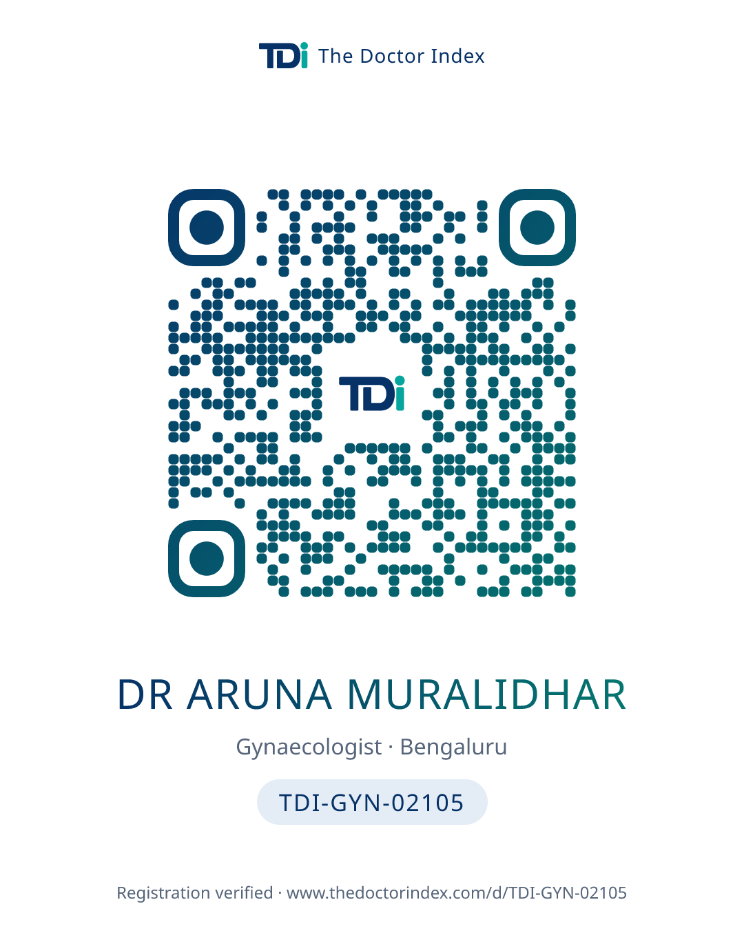 QR card for Dr Aruna Muralidhar, TDI-GYN-02105
