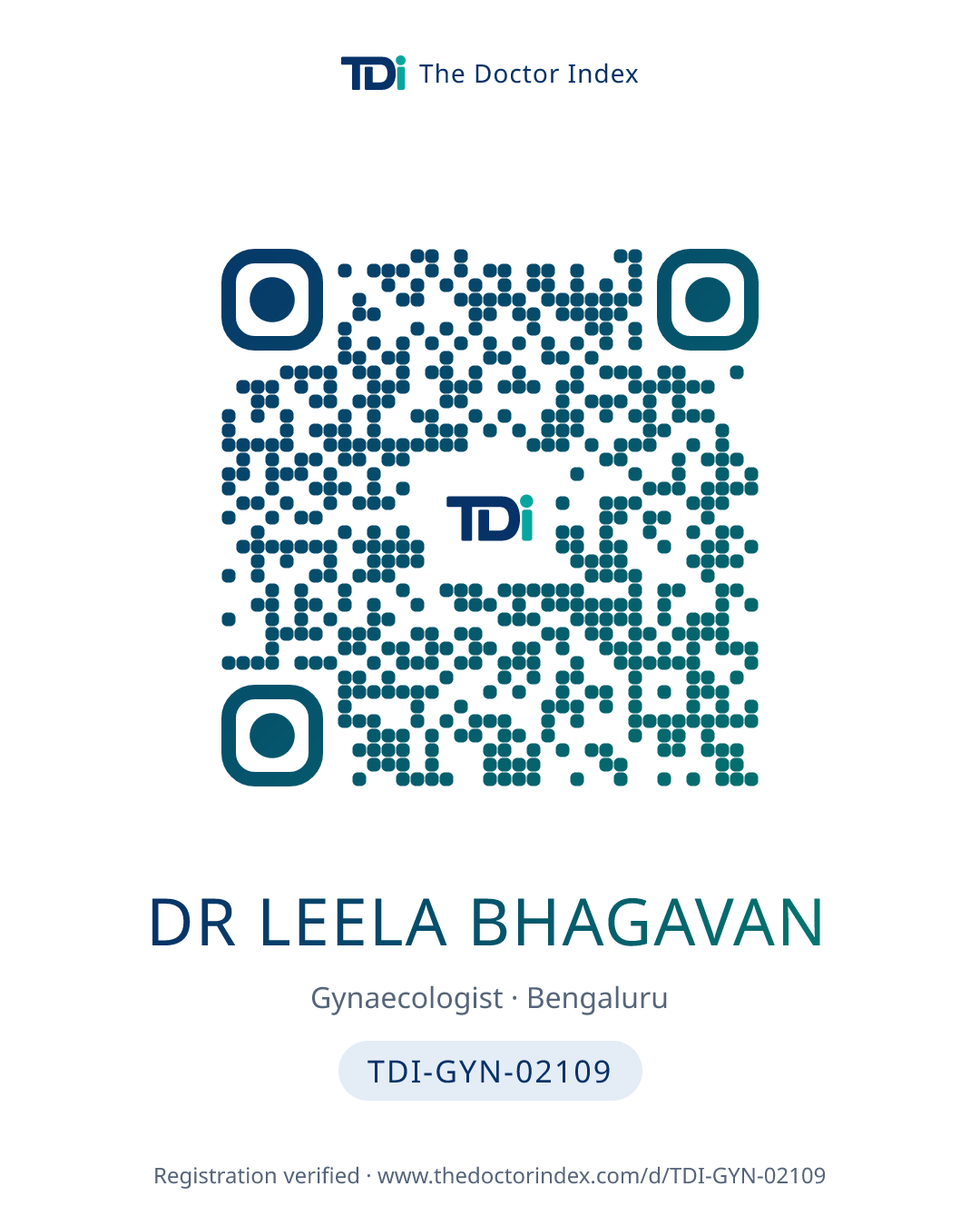 QR card for Dr Leela Bhagavan, TDI-GYN-02109