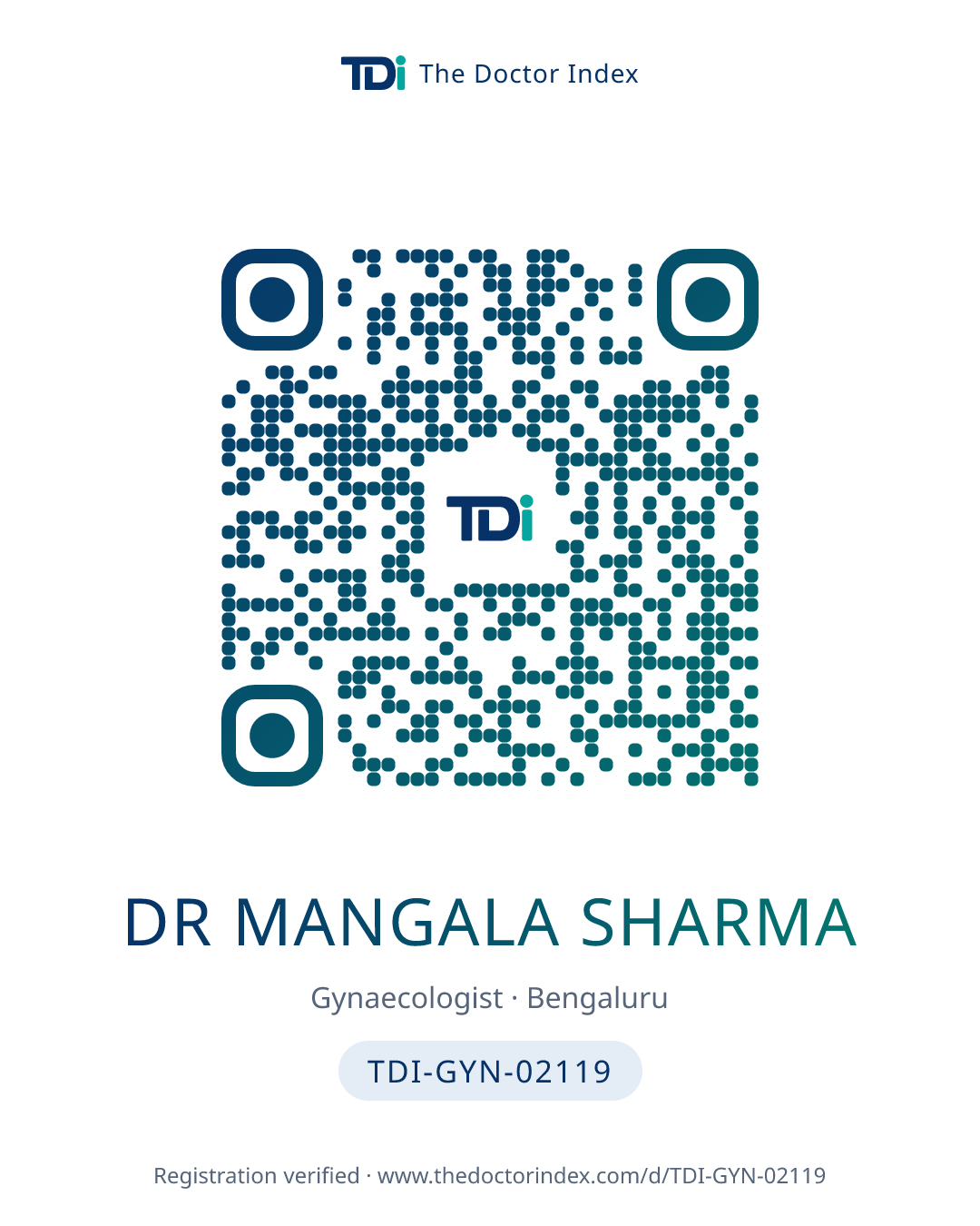 QR card for Dr Mangala Sharma, TDI-GYN-02119