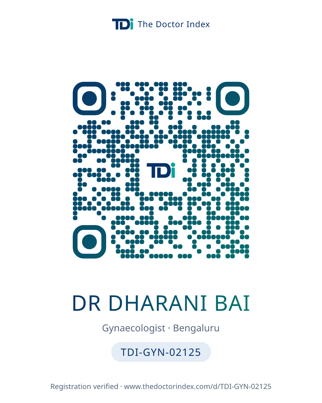 QR card for Dr Dharani Bai, TDI-GYN-02125