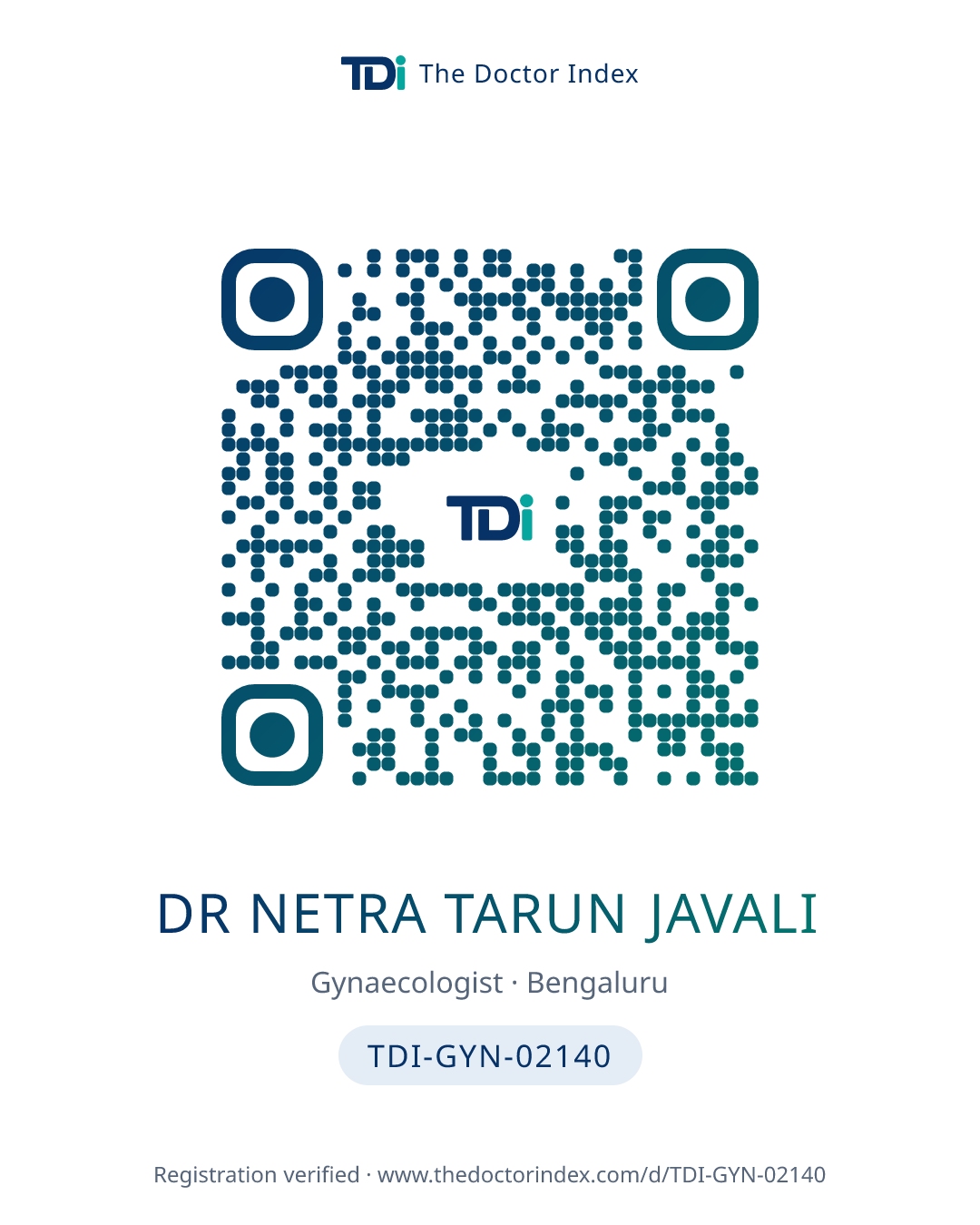 QR card for Dr Netra Tarun Javali, TDI-GYN-02140