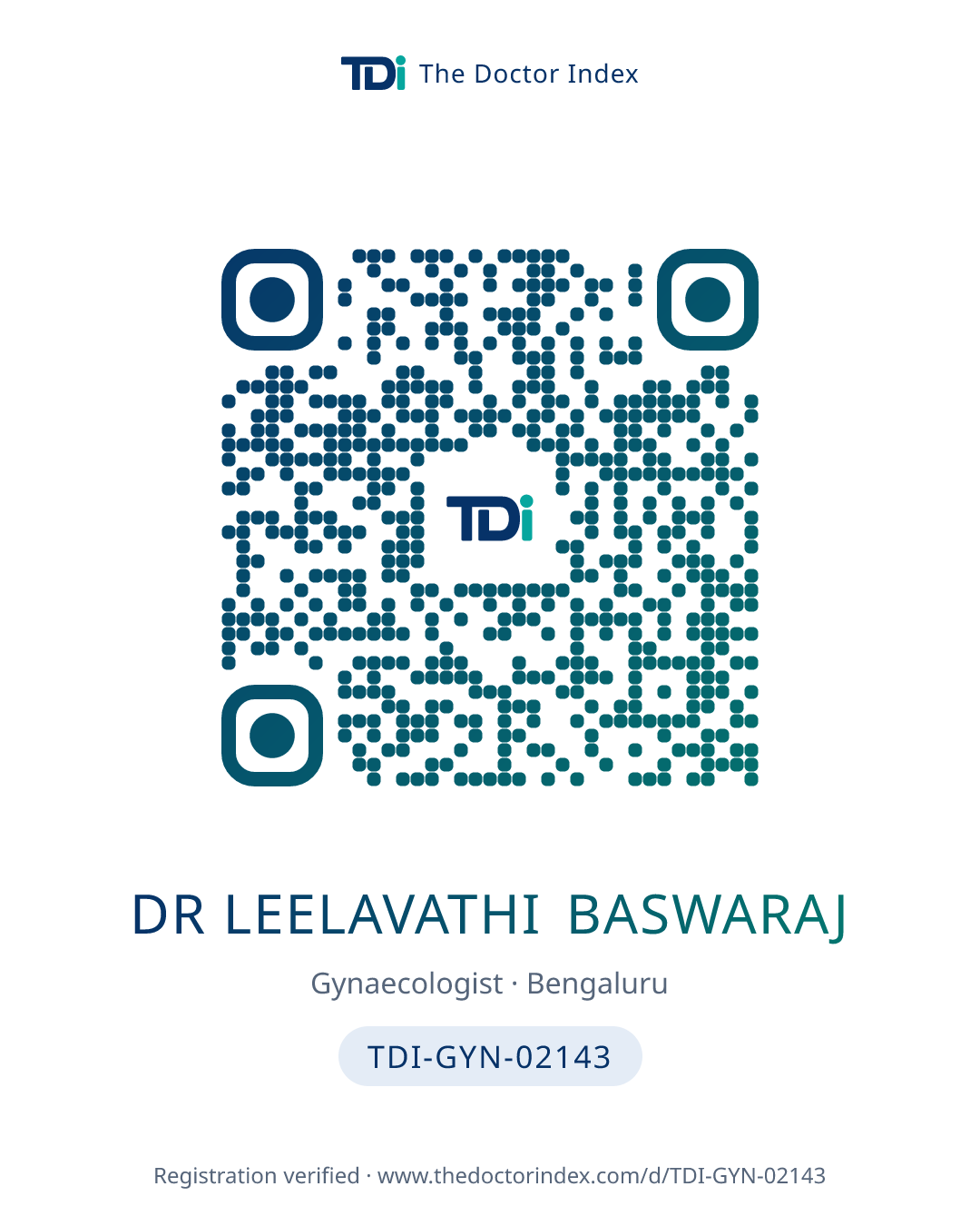 QR card for Dr Leelavathi Baswaraj, TDI-GYN-02143