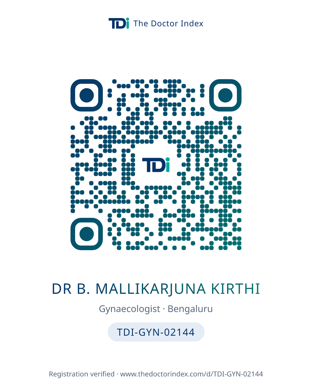QR card for Dr B. Mallikarjuna Kirthi, TDI-GYN-02144