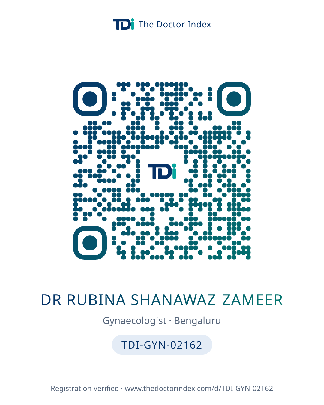 QR card for Dr Rubina Shanawaz Zameer, TDI-GYN-02162