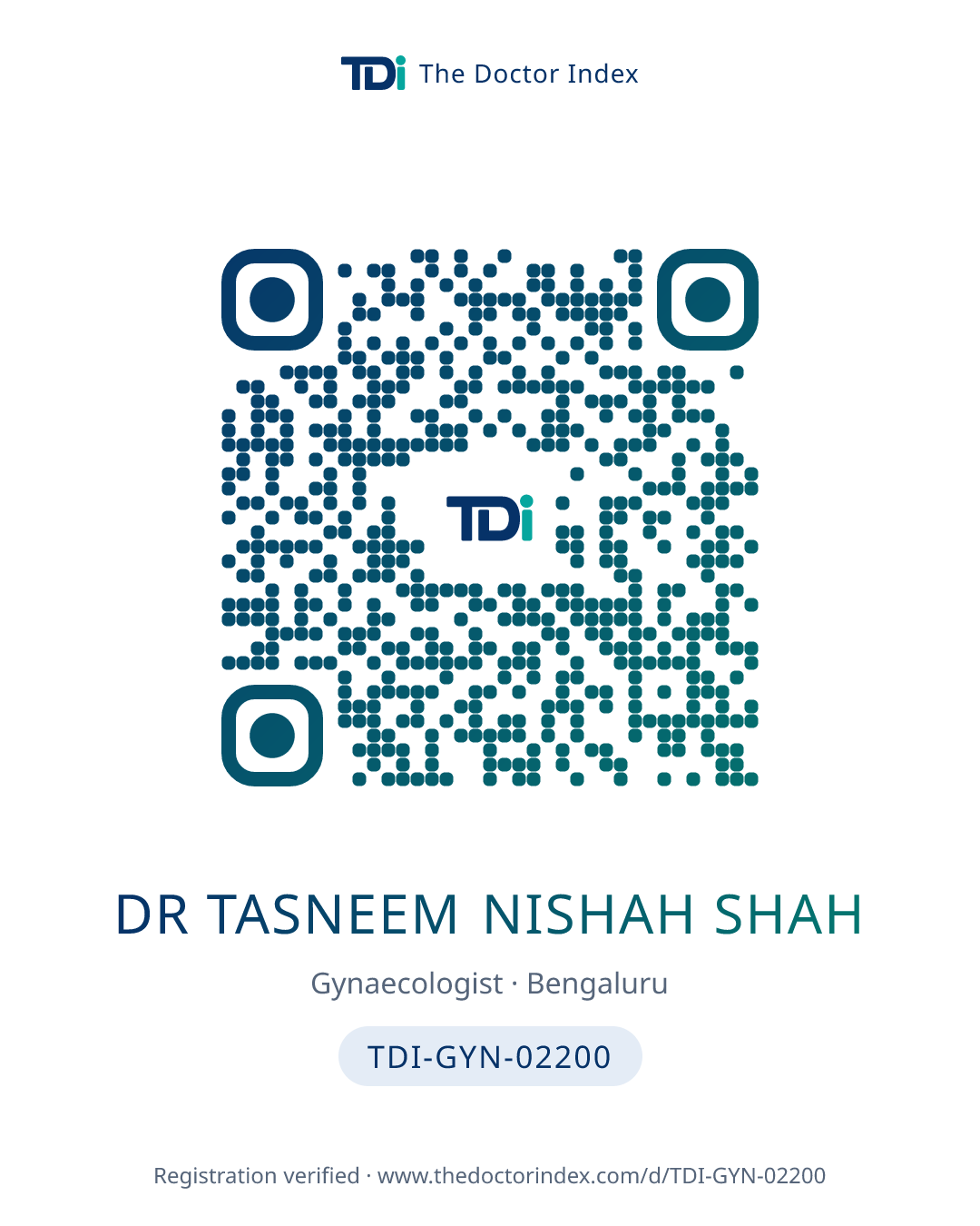 QR card for Dr Tasneem Nishah Shah, TDI-GYN-02200