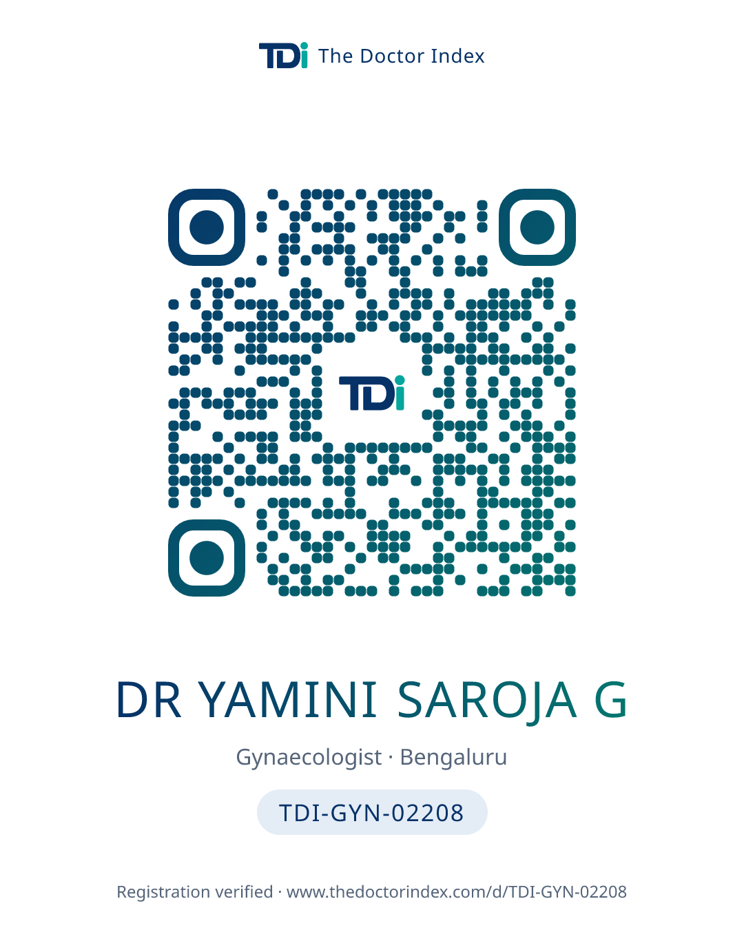 QR card for Dr Yamini Saroja G, TDI-GYN-02208