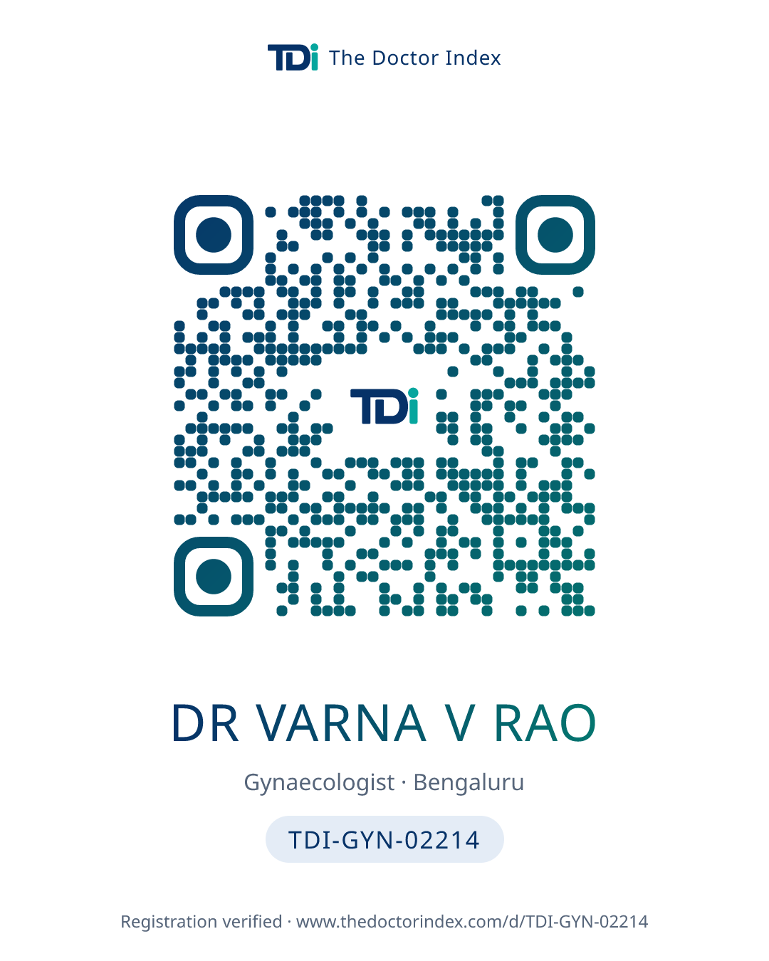 QR card for Dr Varna V Rao, TDI-GYN-02214