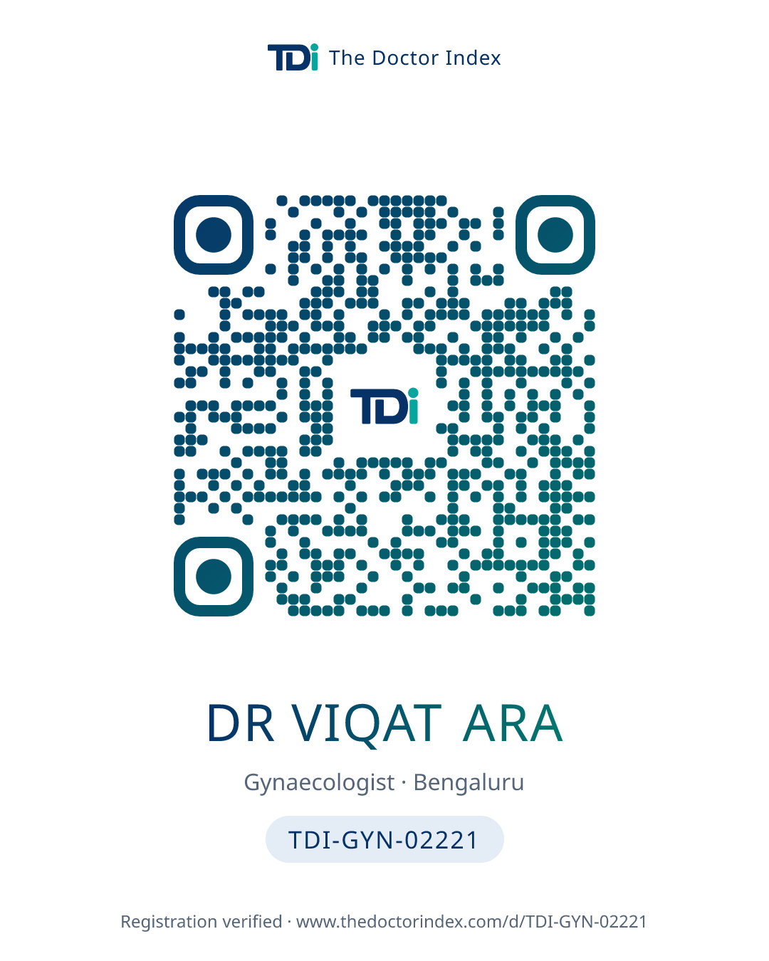 QR card for Dr Viqat Ara, TDI-GYN-02221
