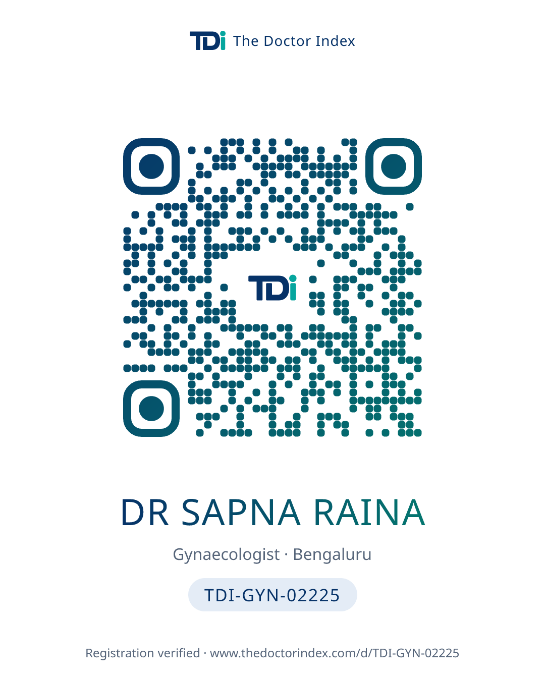 QR card for Dr Sapna Raina, TDI-GYN-02225