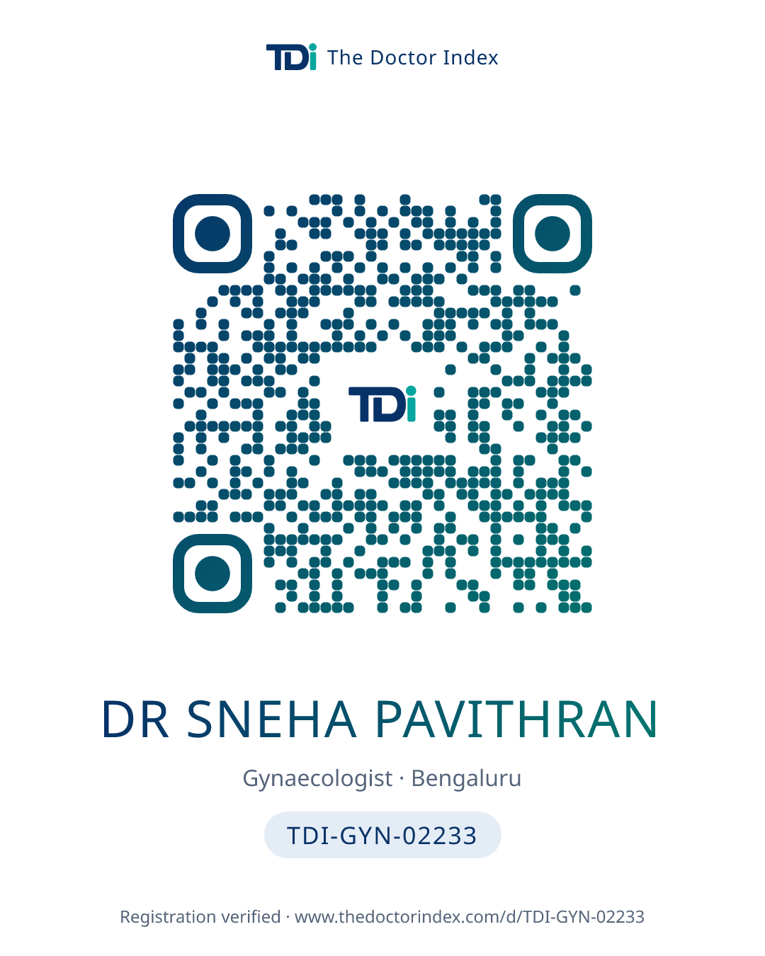 QR card for Dr Sneha Pavithran, TDI-GYN-02233
