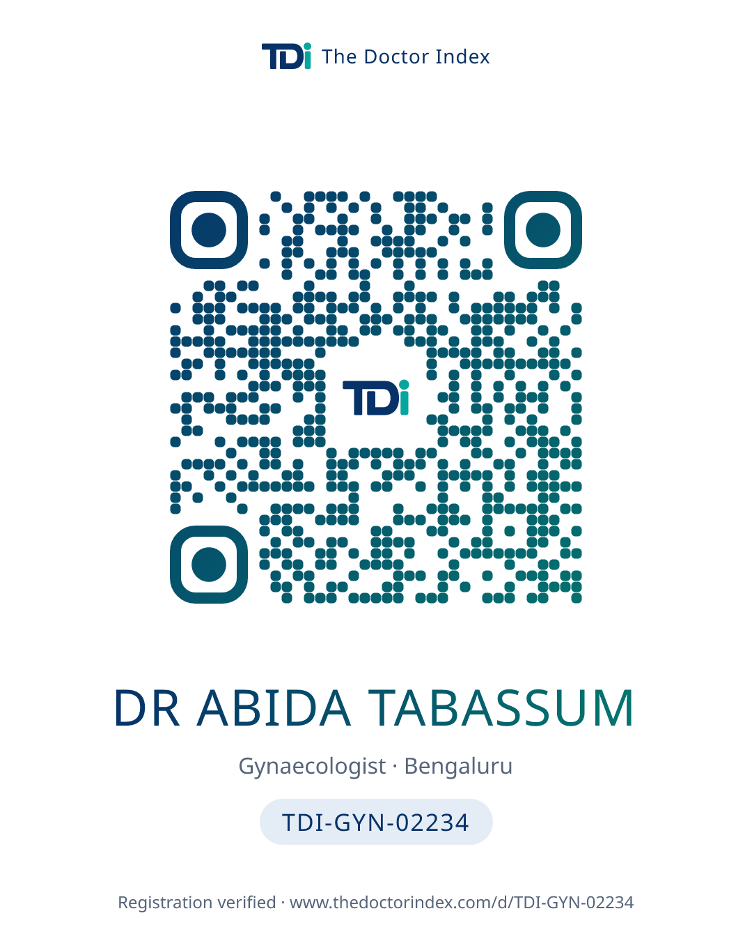 QR card for Dr Abida Tabassum, TDI-GYN-02234