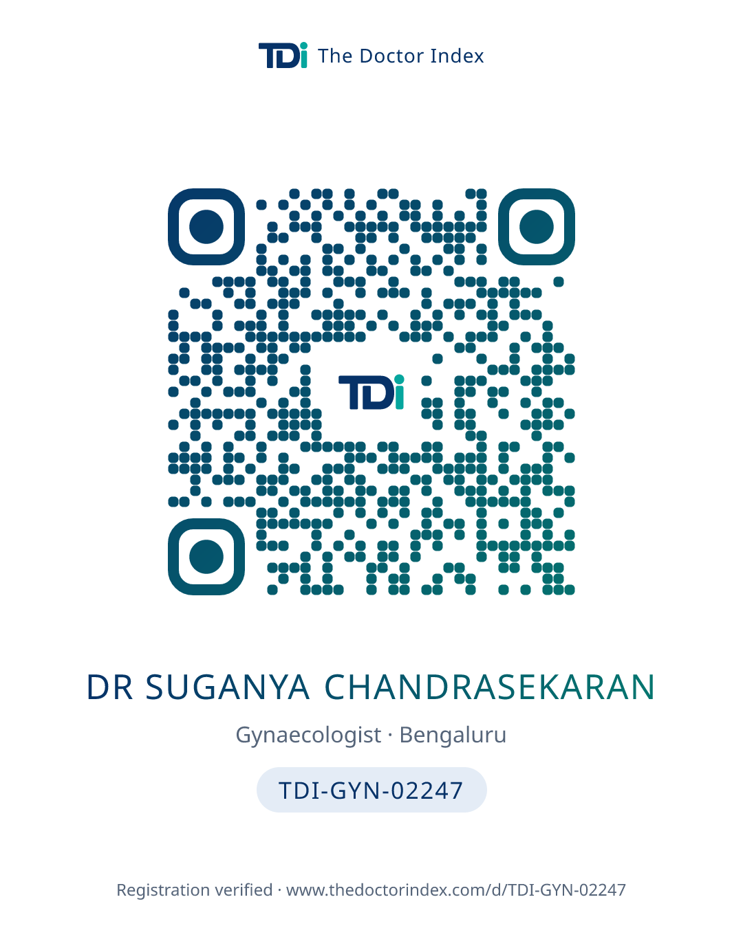 QR card for Dr Suganya Chandrasekaran, TDI-GYN-02247