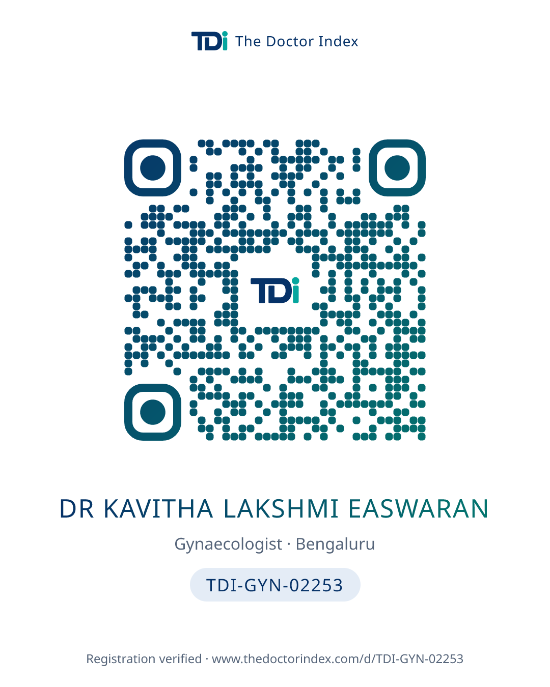 QR card for Dr Kavitha Lakshmi Easwaran, TDI-GYN-02253