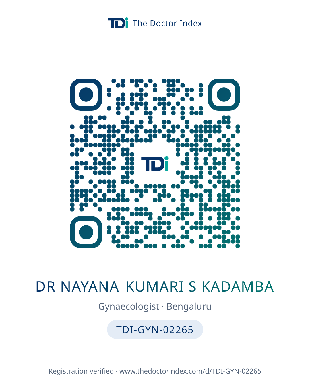 QR card for Dr Nayana Kumari S Kadamba, TDI-GYN-02265
