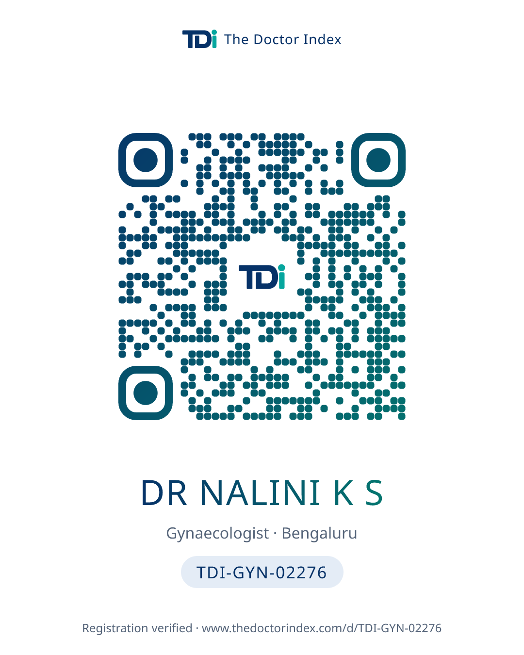 QR card for Dr Nalini K S, TDI-GYN-02276