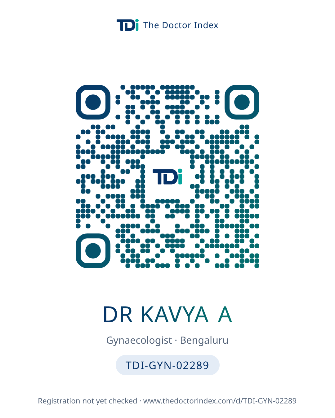QR card for Dr Kavya A, TDI-GYN-02289