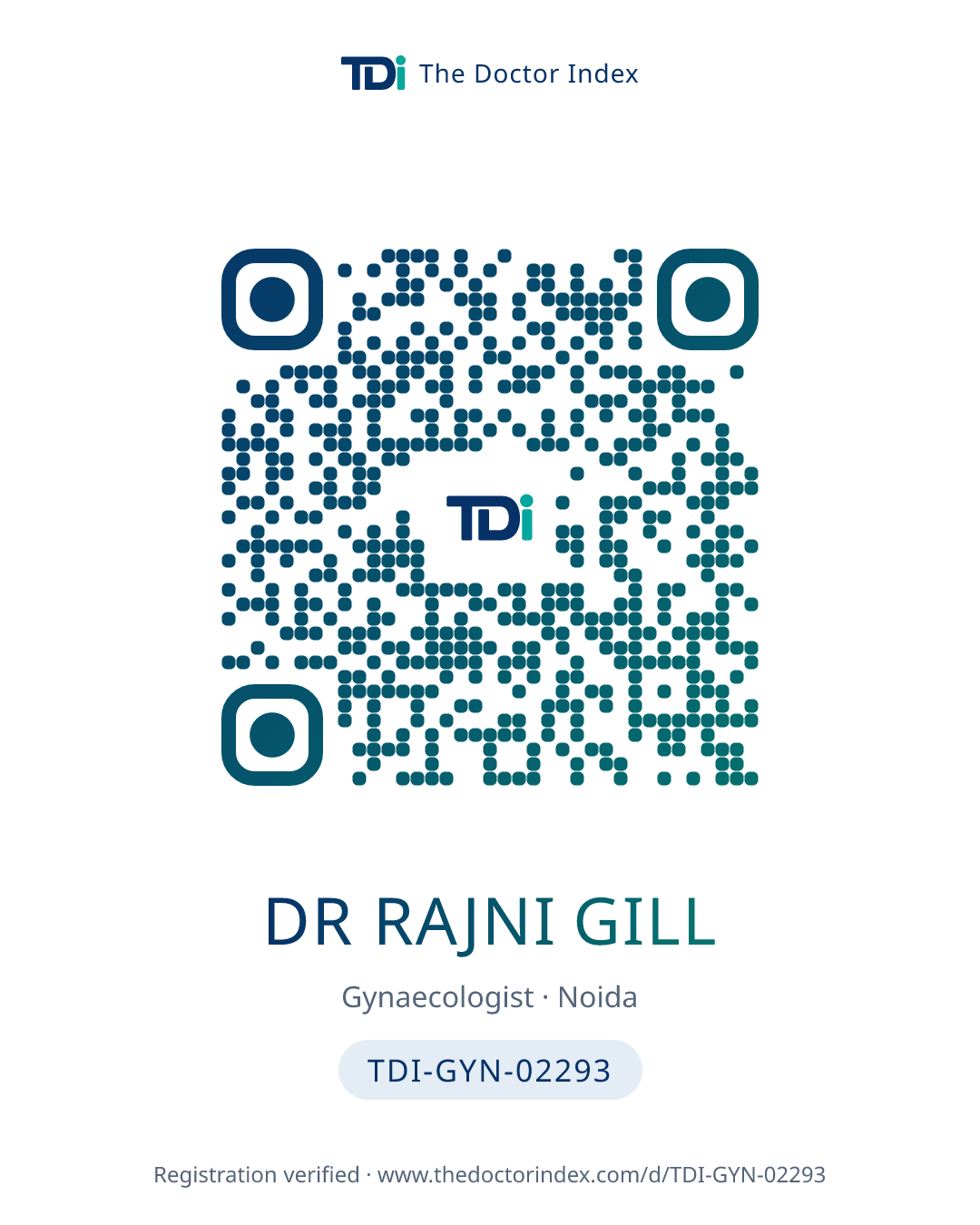 QR card for Dr Rajni Gill, TDI-GYN-02293