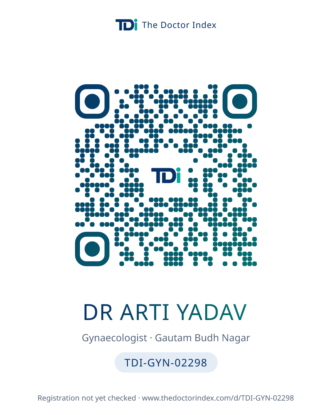 QR card for Dr Arti Yadav, TDI-GYN-02298