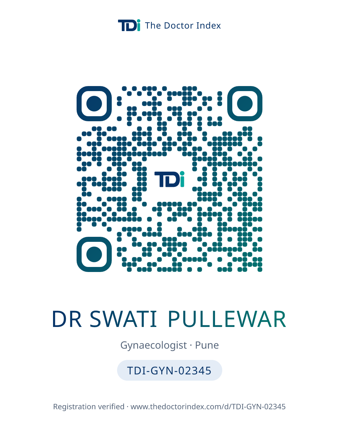 QR card for Dr Swati Pullewar, TDI-GYN-02345