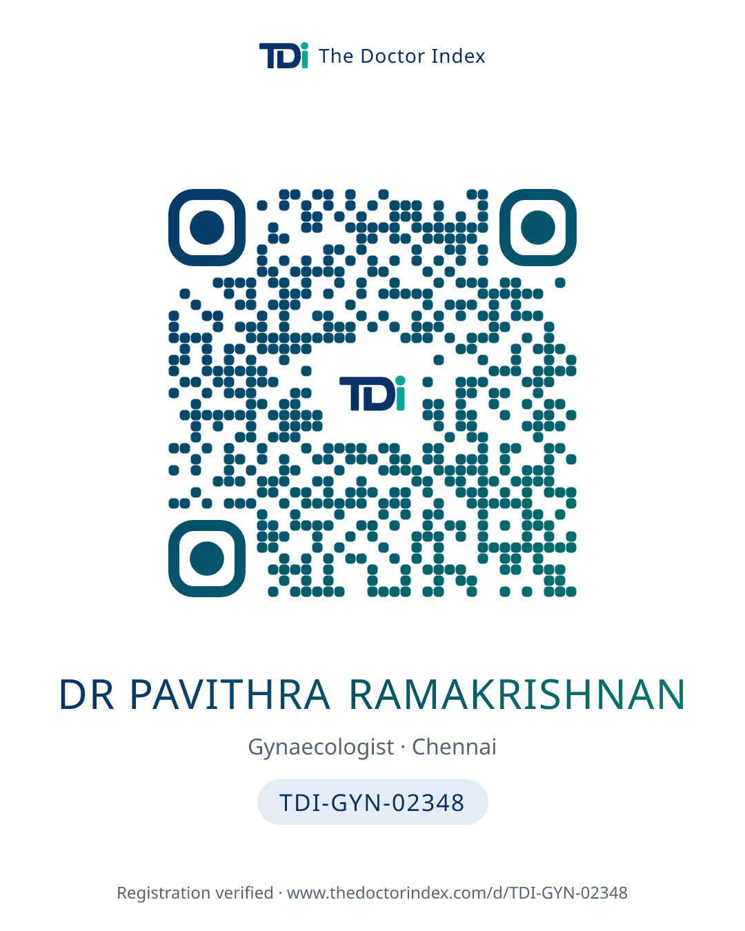 QR card for Dr Pavithra Ramakrishnan, TDI-GYN-02348